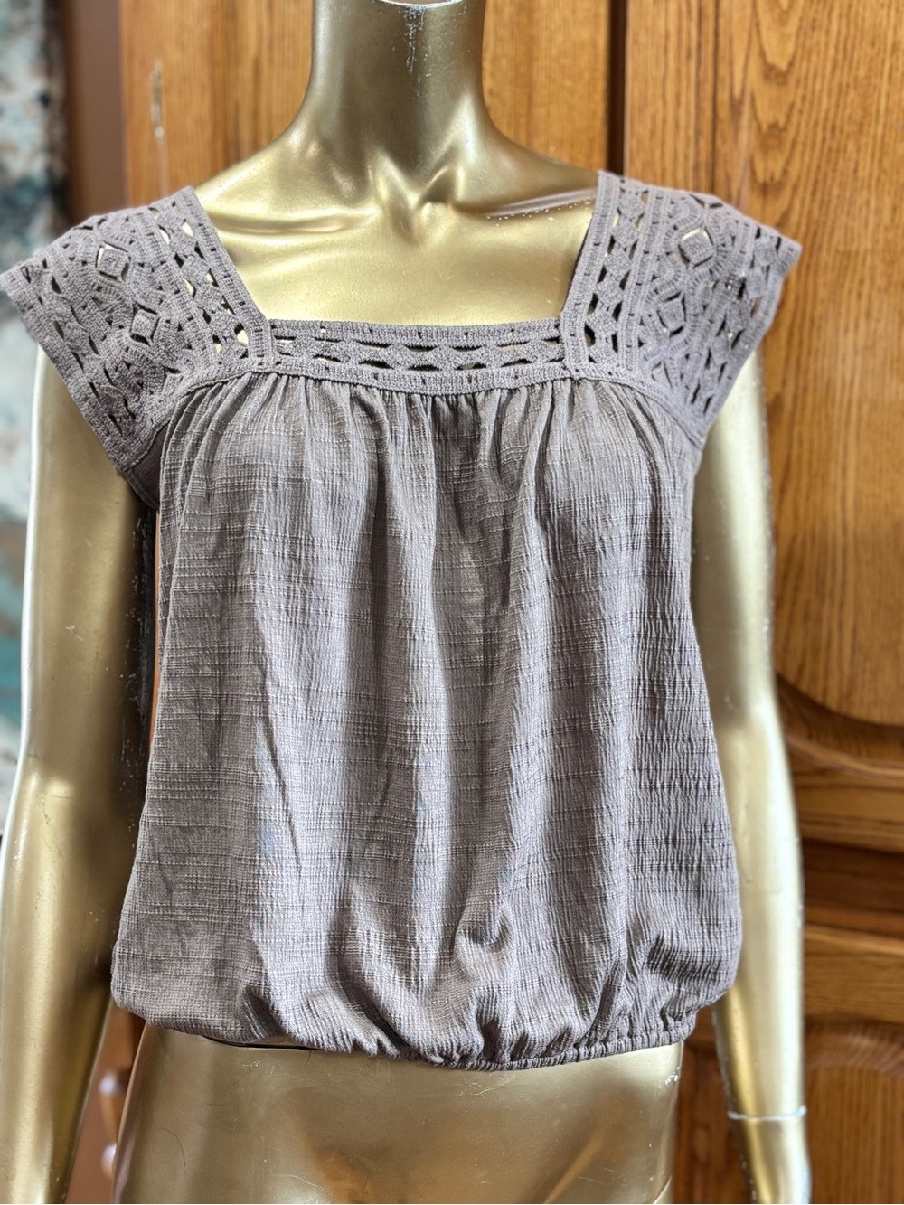 Max Studio Taupe Crochet Yoke Cap-Sleeve Blouse